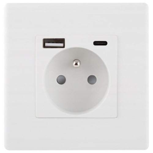Priză Albă Încărcător Dublu USB A+C 20W Set Cu Ramă PVC