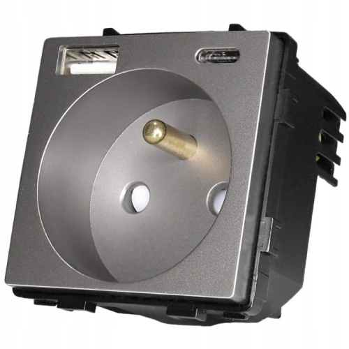 Priză Gri Cu Pin De Împământare + Priză USB A+C 20W Set Cu Ramă PCV