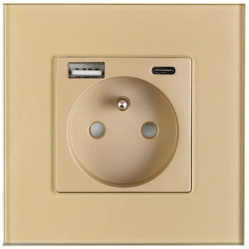 Priză Cu Pin De Împământare Din Sticlă Aurie + Încărcător Dublu USB 20W Tip A+C
