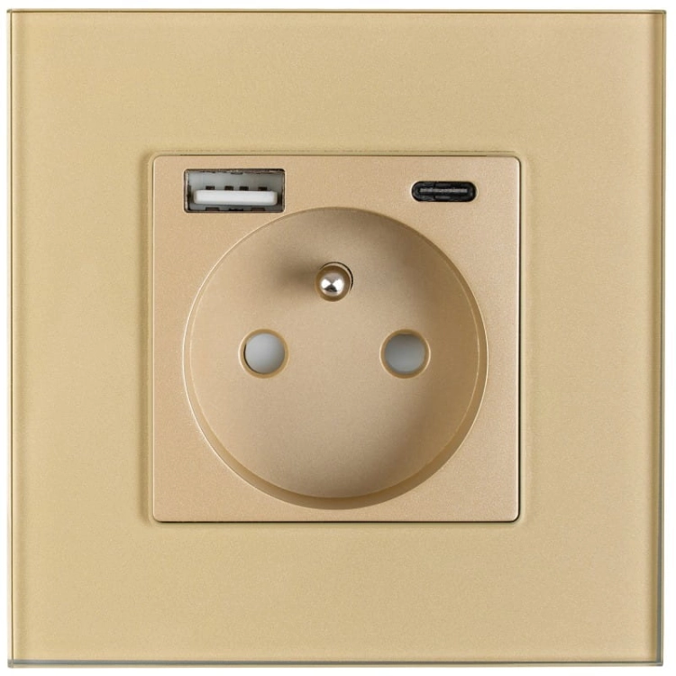Priză Cu Pin De Împământare Din Sticlă Aurie + Încărcător Dublu USB 20W Tip A+C