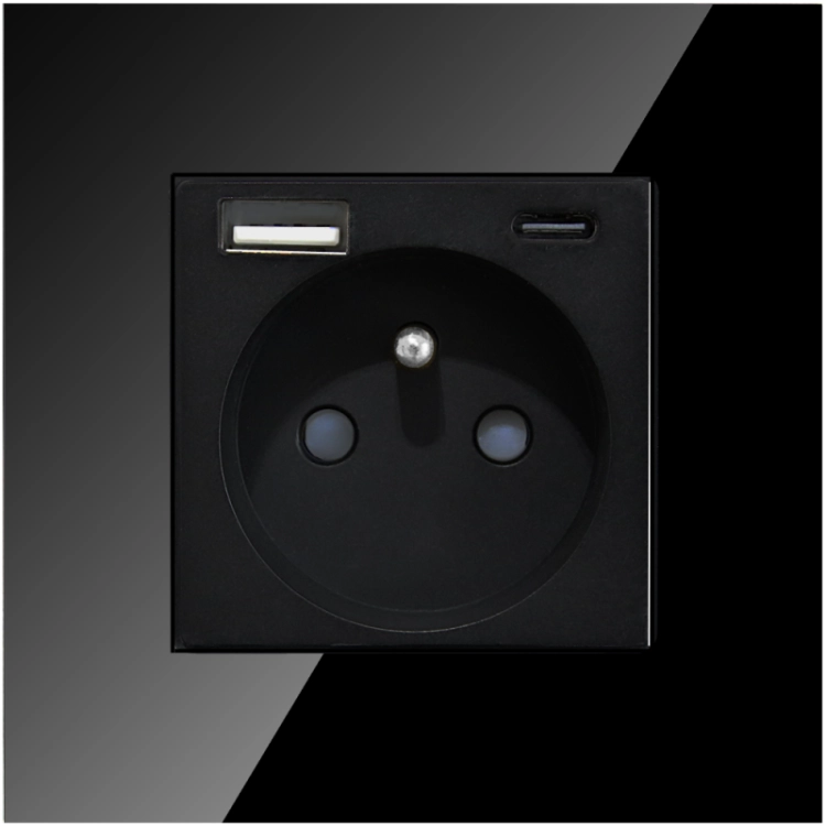 Priză Cu Pin De Împământare Neagră + Încărcător Dublu USB A+C 20W Set Cu Ramă Din Sticlă