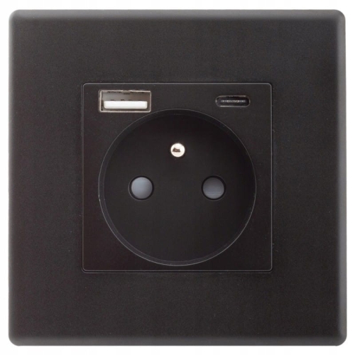 Priză Neagră Cu Pin De Împământare + Priză USB A+C 20W Set Cu Ramă PVC