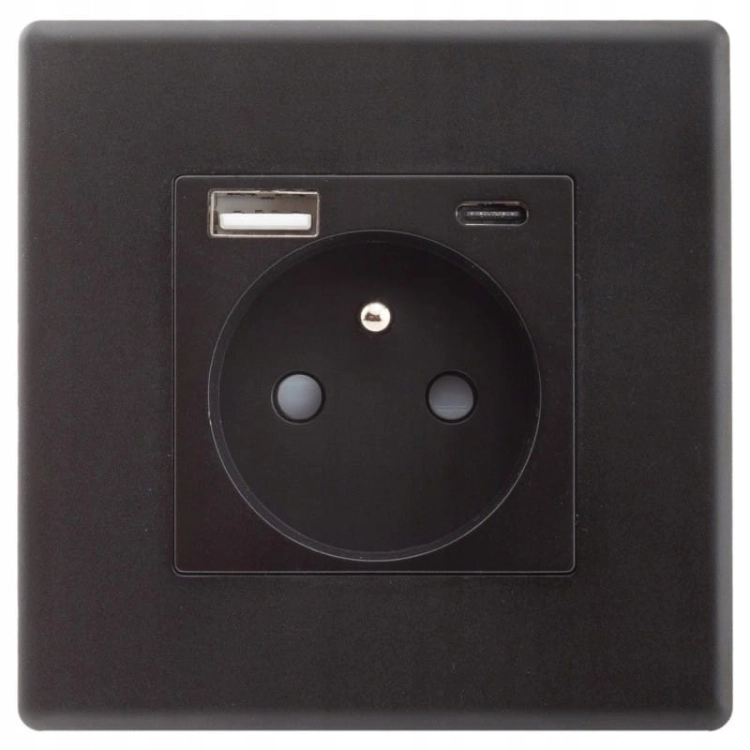Priză Neagră Cu Pin De Împământare + Priză USB A+C 20W Set Cu Ramă PVC