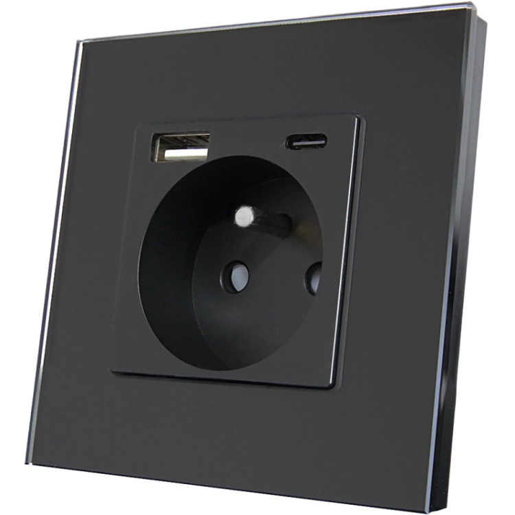 Priză Cu Pin De Împământare Neagră + Încărcător Dublu USB A+C 20W Set Cu Ramă Din Sticlă