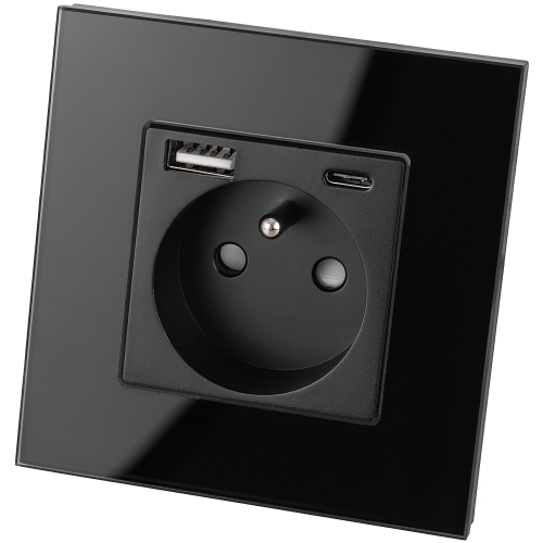 Priză Cu Pin De Împământare Neagră + Încărcător Dublu USB A+C 20W Set Cu Ramă Din Sticlă