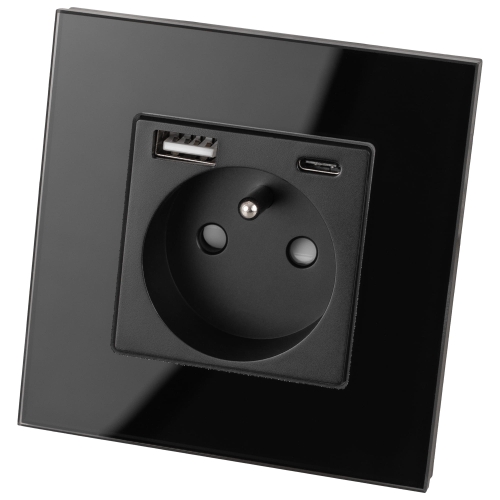 Priză Cu Pin De Împământare Neagră + Încărcător Dublu USB A+C 20W Set Cu Ramă Din Sticlă