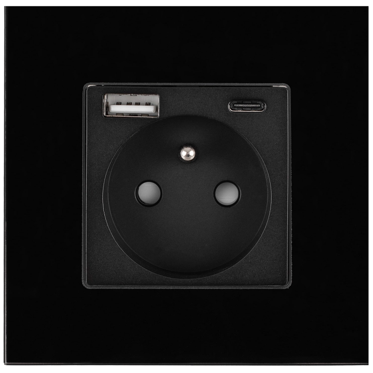 Priză Cu Pin De Împământare Neagră + Încărcător Dublu USB A+C 20W Set Cu Ramă Din Sticlă