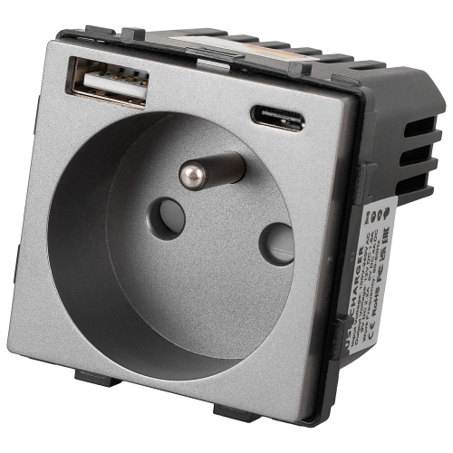 Modul Priză Cu Pin Gri + Încărcător Dublu USB 20W Tip A+C Pentru Rame