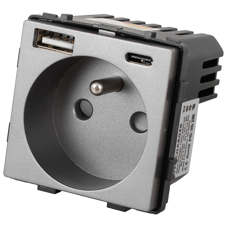 Modul Priză Cu Pin Gri + Încărcător Dublu USB 20W Tip A+C Pentru Rame