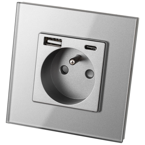 Priză Cu Pin Din Sticlă Gri + Încărcător Dublu USB 20W Tip A+C