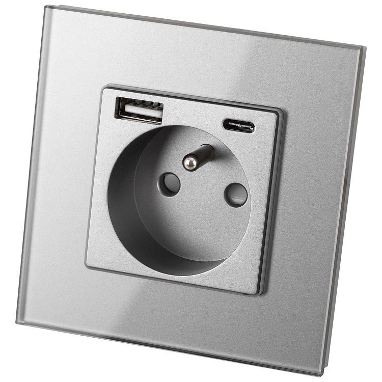 Priză Cu Pin Din Sticlă Gri + Încărcător Dublu USB 20W Tip A+C