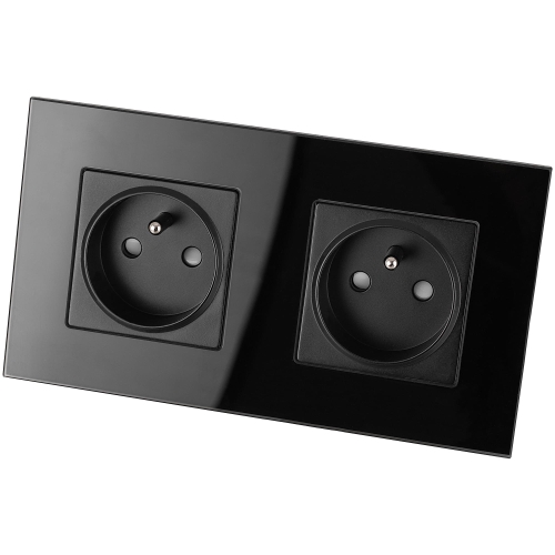 Priză Dublă Din Sticlă Neagră Set Ramă Dublă Și 2 X Priză Simplă Cu Pin