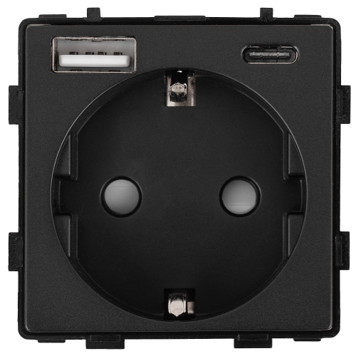 Modul Priză Schuko Cu Împământare Fără Pin Neagră + Încărcător Dublu USB 20W Pentru Rame