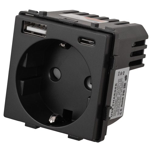 Modul Priză Schuko Cu Împământare Fără Pin Neagră + Încărcător Dublu USB 20W Pentru Rame