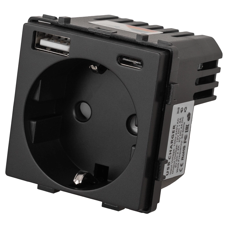 Modul Priză Schuko Cu Împământare Fără Pin Neagră + Încărcător Dublu USB 20W Pentru Rame