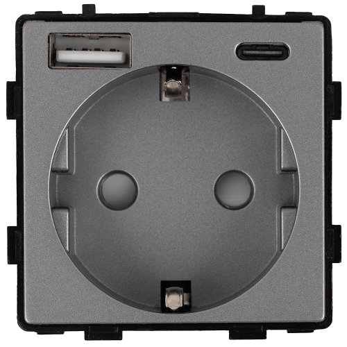 Modul Priză Schuko Cu Împământare Fără Pin + Încărcător Dublu USB 2.4A Tip A+C 20W Gri Pentru Rame