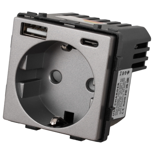 Modul Priză Schuko Cu Împământare Fără Pin + Încărcător Dublu USB 2.4A Tip A+C 20W Gri Pentru Rame