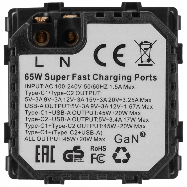 Modul Priză Încărcător Triplu USB 65W A+C+C Gri Pentru Rame