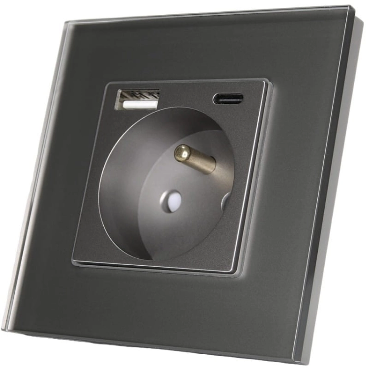 Priză Cu Pin Din Sticlă Gri + Încărcător Dublu USB 20W Tip A+C