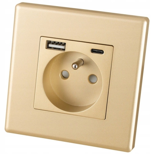 Priză Cu Pin Aurie + Priză USB A+C 20W Set Cu Ramă PCV