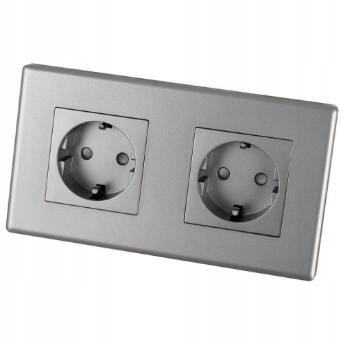 Priză Dublă Schuko Gri Set Ramă PCV Dublă 2 X Priză Simplă