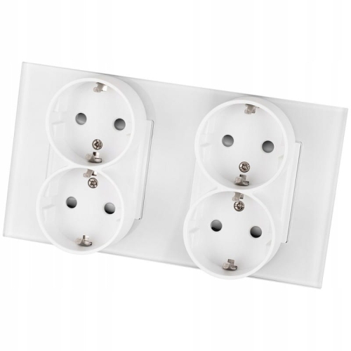 Priză Dublă Cvadruplă Din Sticlă Schuko Albă Ramă Dublă