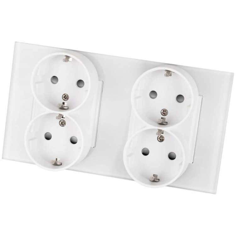 Priză Dublă Cvadruplă Din Sticlă Schuko Albă Ramă Dublă