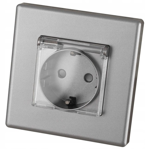 Priză Gri Cu Clapetă De Baie Schuko Cu Împământare Fără Pin Set Cu Ramă PCV