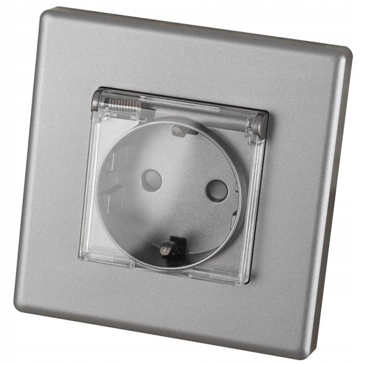 Priză Gri Cu Clapetă De Baie Schuko Cu Împământare Fără Pin Set Cu Ramă PCV