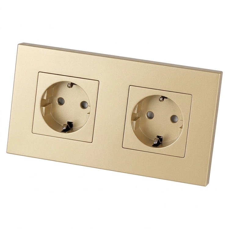 Priză Dublă Schuko Din Plastic LINEA Aurie Și Ramă Dublă 2 X Prize