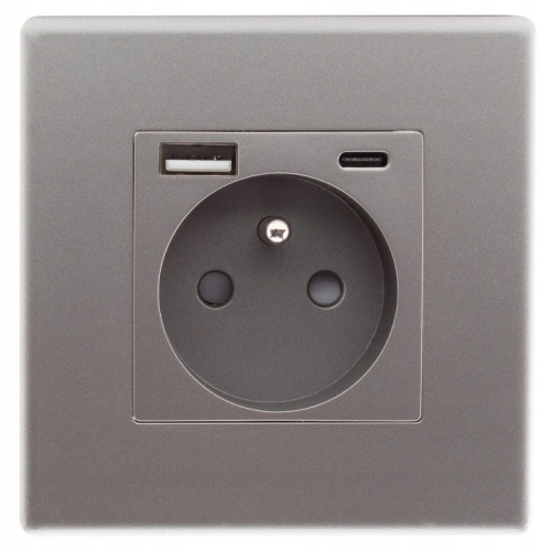 Priză Gri Cu Pin De Împământare + Priză USB A+C 20W Set Cu Ramă PCV