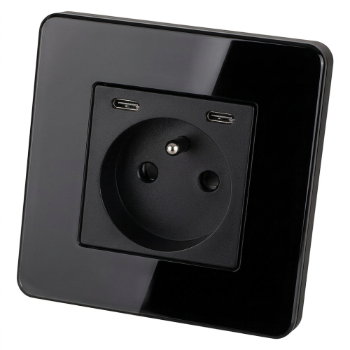 Priză Din Sticlă Lucioasă + Încărcător Dublu USB C+C 20W Negru MIUUN
