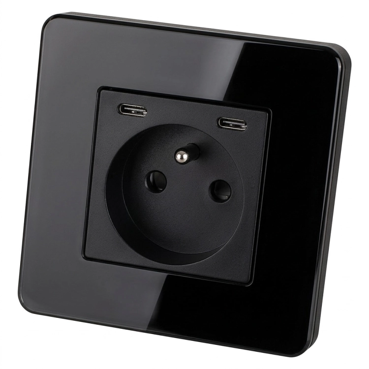 Priză Din Sticlă Lucioasă + Încărcător Dublu USB C+C 20W Negru MIUUN