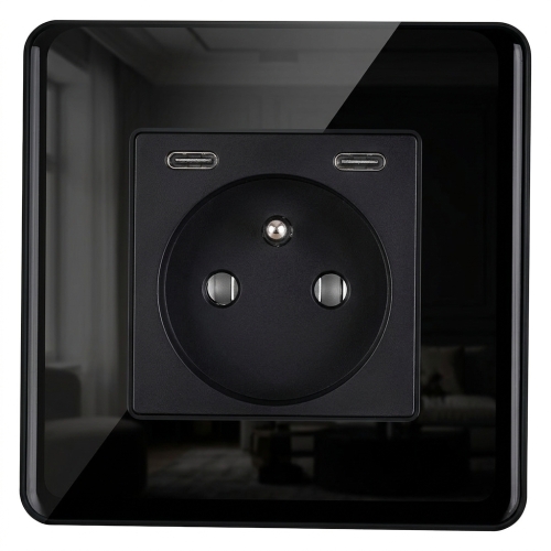 Priză Din Sticlă Lucioasă + Încărcător Dublu USB C+C 20W Negru MIUUN