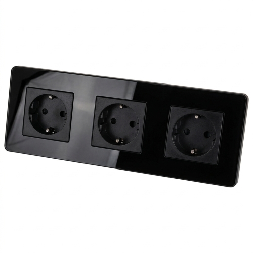 Priză Triplă Din Sticlă Lucioasă Neagră Schuko Ramă Triplă Și 3 X Priză