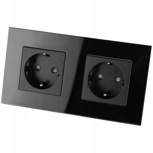 Priză Dublă Din Sticlă Schuko Neagră Cu Ramă Dublă Și 2 X Prize Simple