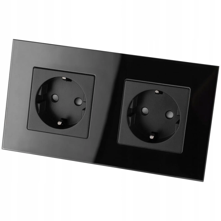 Priză Dublă Din Sticlă Schuko Neagră Cu Ramă Dublă Și 2 X Prize Simple