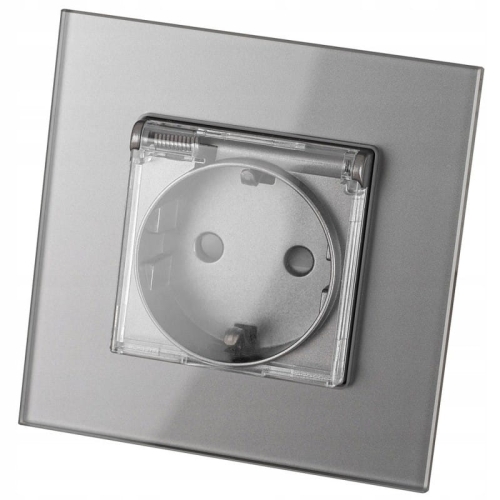 Priză Schuko De Baie Gri Cu Clapetă Cu Împământare Fără Pin Din Sticlă