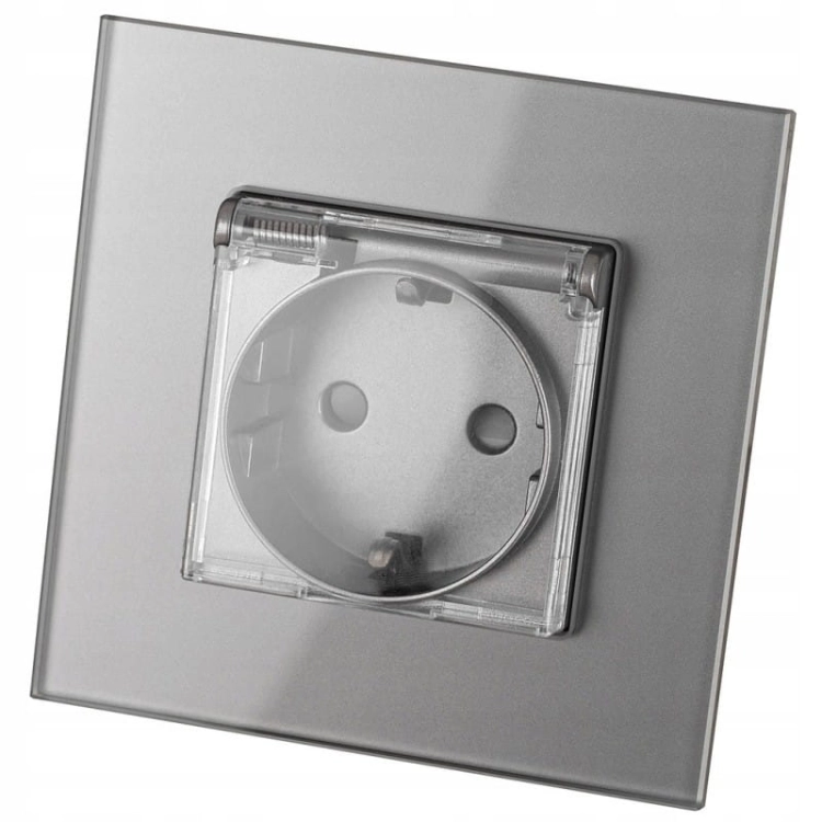 Priză Schuko De Baie Gri Cu Clapetă Cu Împământare Fără Pin Din Sticlă