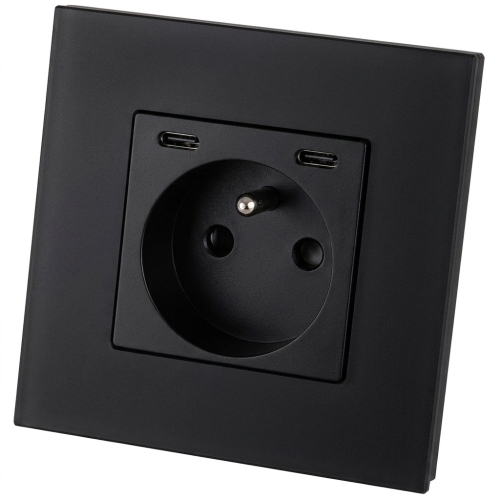 Priză Din Sticlă Mată + Încărcător Dublu USB C+C 20W Neagră MIUUN