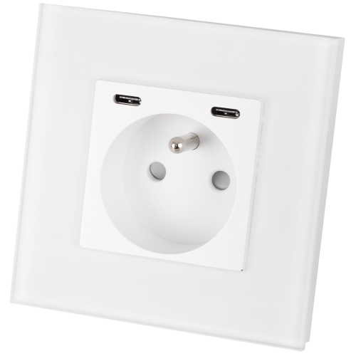 Priză Din Sticlă Mată + Încărcător Dublu USB C+C 20W Albă MIUUN