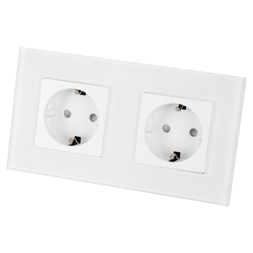 Priză Dublă Din Sticlă Mată Schuko Albă Și Ramă Dublă 2 X Priză