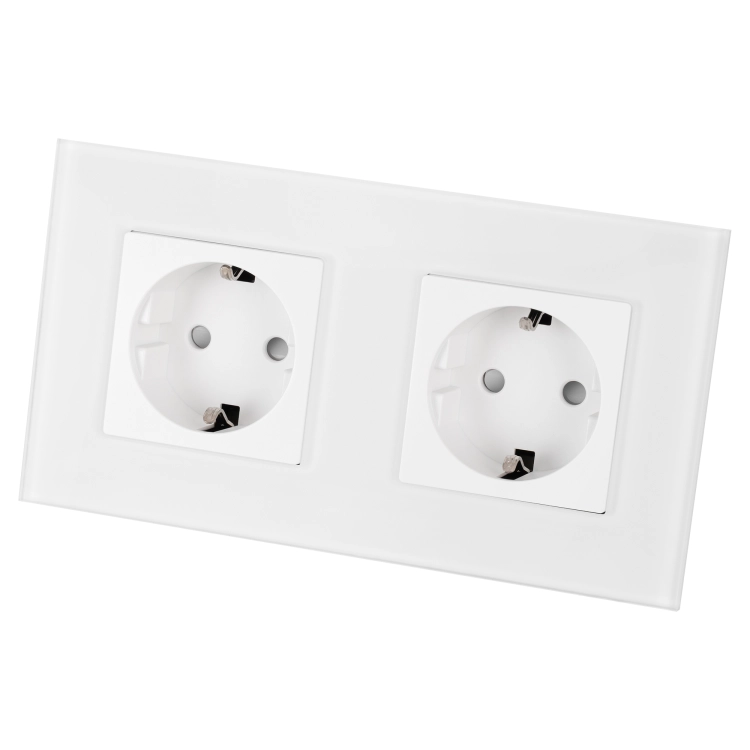 Priză Dublă Din Sticlă Mată Schuko Albă Și Ramă Dublă 2 X Priză