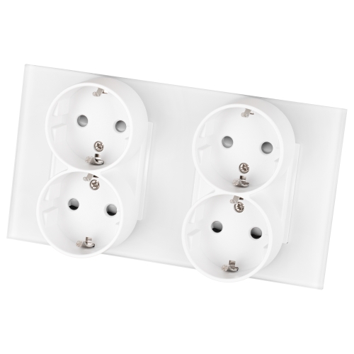 Priză Cvadrupă Din Sticlă Mată Schuko Albă Și Ramă Dublă 2 X Priză