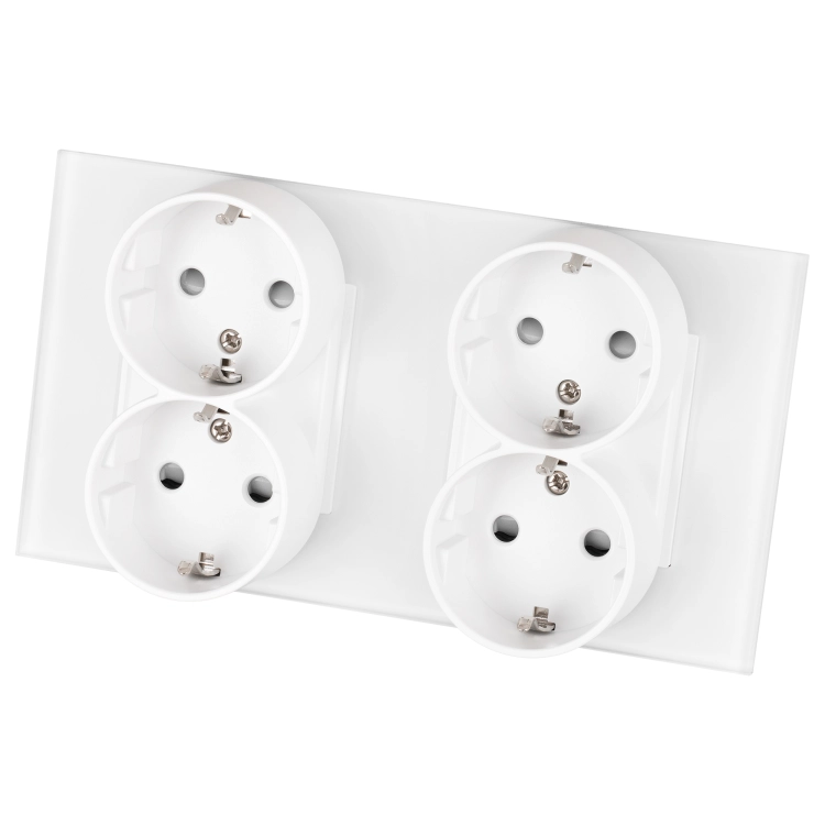 Priză Cvadrupă Din Sticlă Mată Schuko Albă Și Ramă Dublă 2 X Priză
