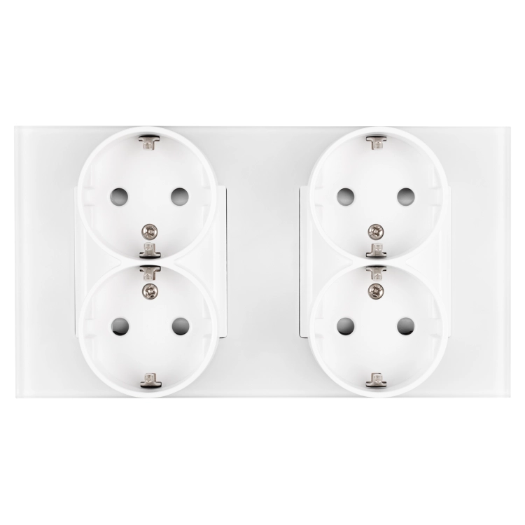Priză Cvadrupă Din Sticlă Mată Schuko Albă Și Ramă Dublă 2 X Priză