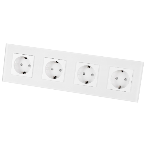 Priză Cvadruplă Din Sticlă Mată Schuko Albă Ramă Cvadruplă Și 4 X Prize