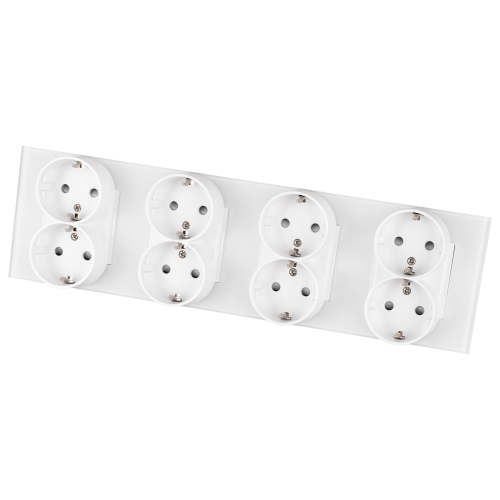 Priză Cvadruplă Din Sticlă Mată Schuko Albă Ramă Cvadruplă Și 4 X Prize