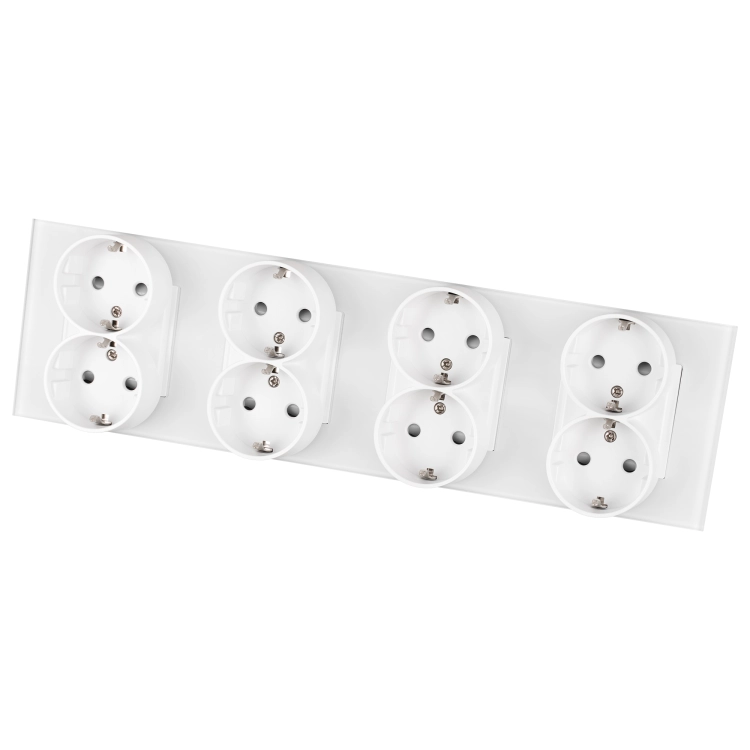 Priză Cvadruplă Din Sticlă Mată Schuko Albă Ramă Cvadruplă Și 4 X Prize