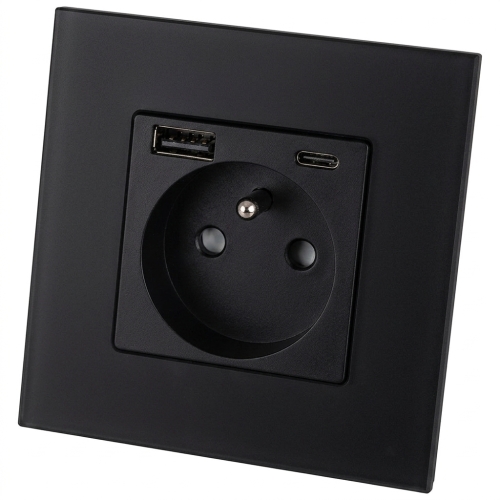 Priză Din Sticlă Mată Cu Pin De Împământare + Încărcător Dublu USB A+C 20W MIUUN